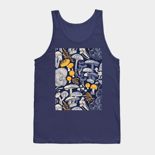 Mystical fungi // midnight blue background ivory pale blue and yellow wild mushrooms Tank Top by SelmaCardoso